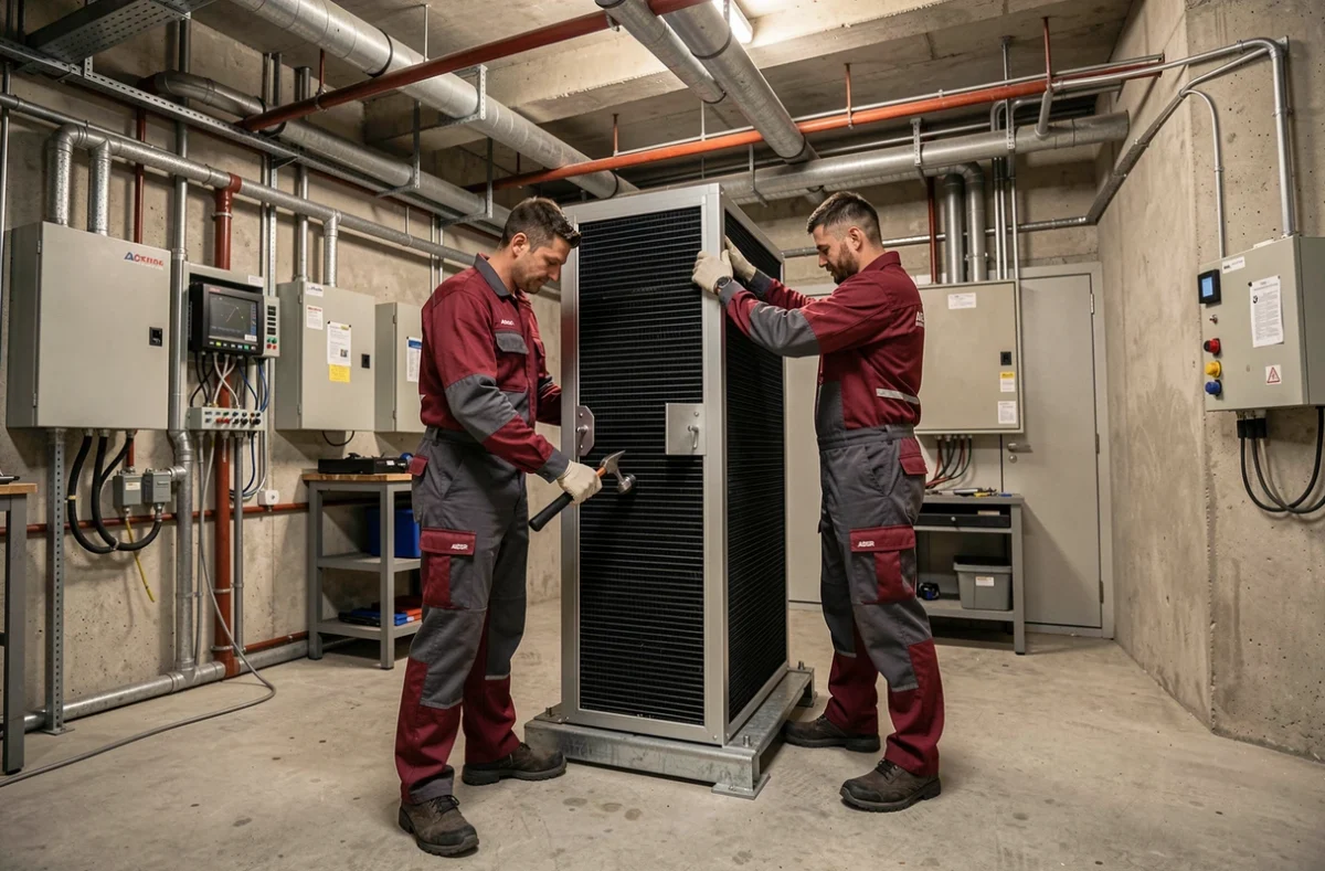 Deux techniciens A B S R installant ensemble une pompe à chaleur commerciale dans une chaufferie d'immeuble parisien