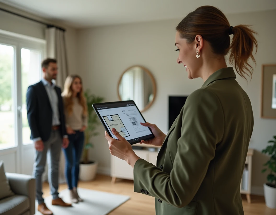 Agent immobilier expliquant le calcul de la surface habitable en m2 à des acheteurs lors d'une visite de bien immobilier