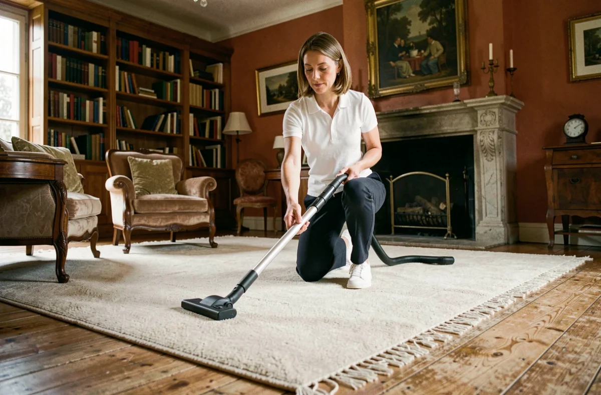 Aide ménagère passant l'aspirateur dans un salon traditionnel d'une maison dijonnaise