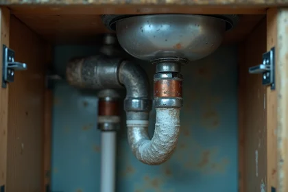 Aimant anti-calcaire installé sur un tuyau en cuivre sous un évier de cuisine avec dépôts de calcaire visibles sur le robinet chromé