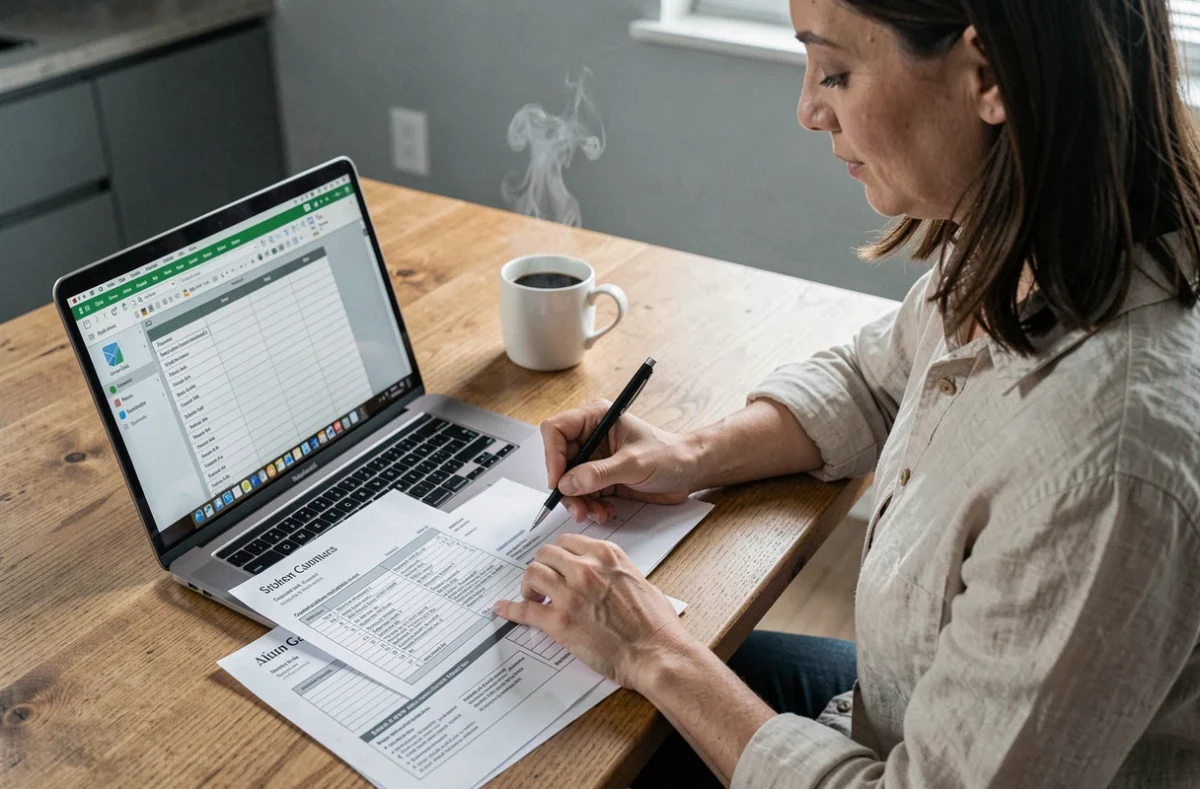 Femme analysant un devis plaquiste sur une table avec comparatif de prix sur ordinateur