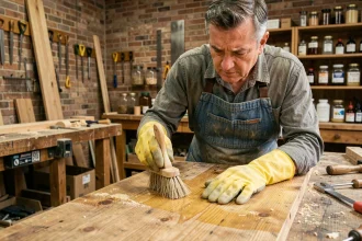Artisan appliquant de l'acide oxalique sur une surface en bois de chêne avec un pinceau en atelier, erreurs fréquentes traitement bois