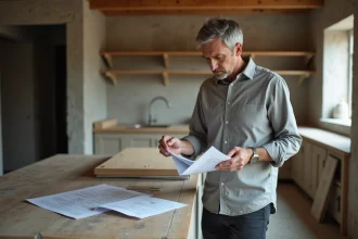 Architecte consultant une estimation de rénovation sur un chantier en cours avec documents imprimés