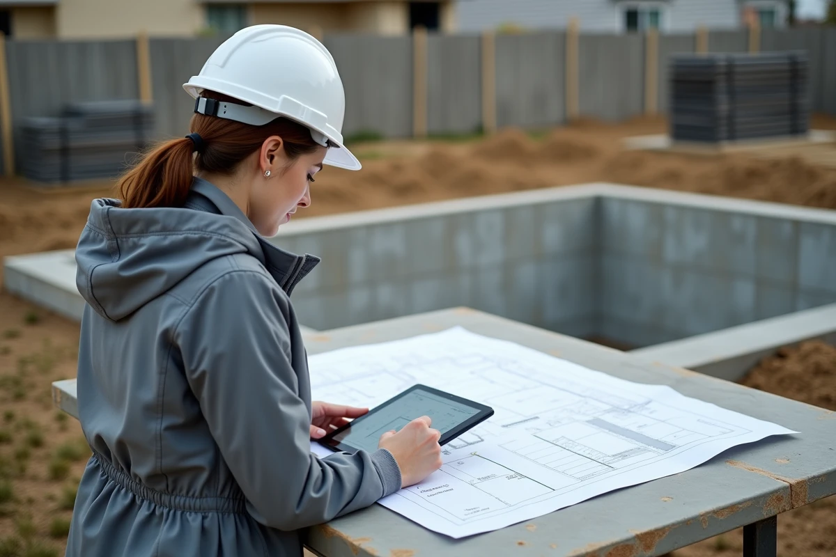 Architecte sur chantier maison consultant des plans et un tableur de calcul de béton en m3