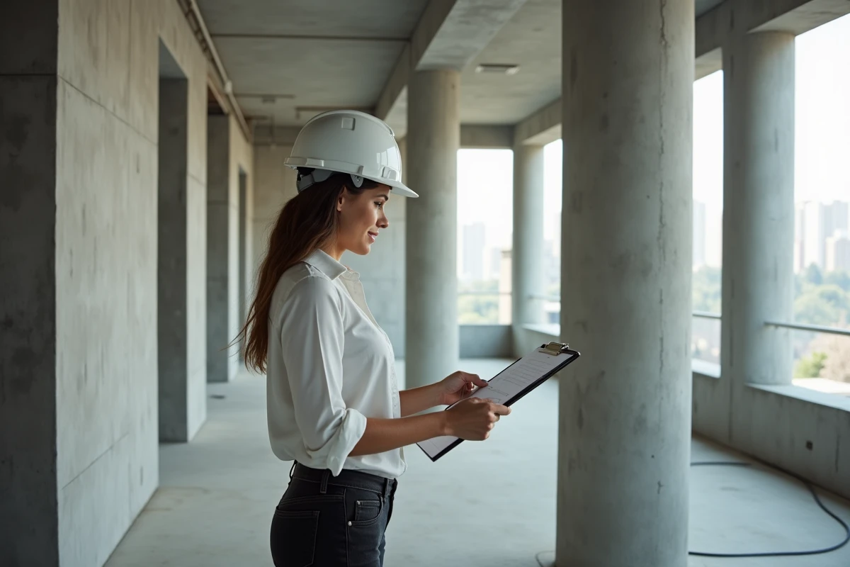 Jeune architecte contrôlant un mur en parpaings dans un bâtiment