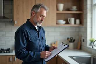 Artisan professionnel inspectant des travaux de rénovation de cuisine dans un appartement moderne, tenant un clipboard