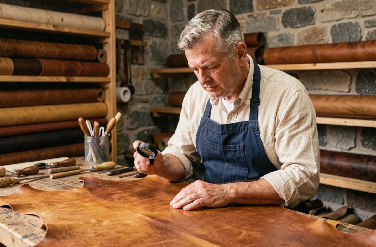 Artisan sellier examinant une peau de cuir aniline pleine fleur à la loupe dans un atelier traditionnel avec des outils et des rouleaux de cuir en arrière-plan