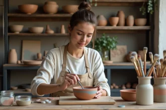 Femme en atelier peignant une coupe en argile avec des couleurs douces