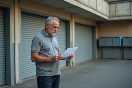 Homme tenant des documents d'assurance devant la porte de son box garage en résidence urbaine
