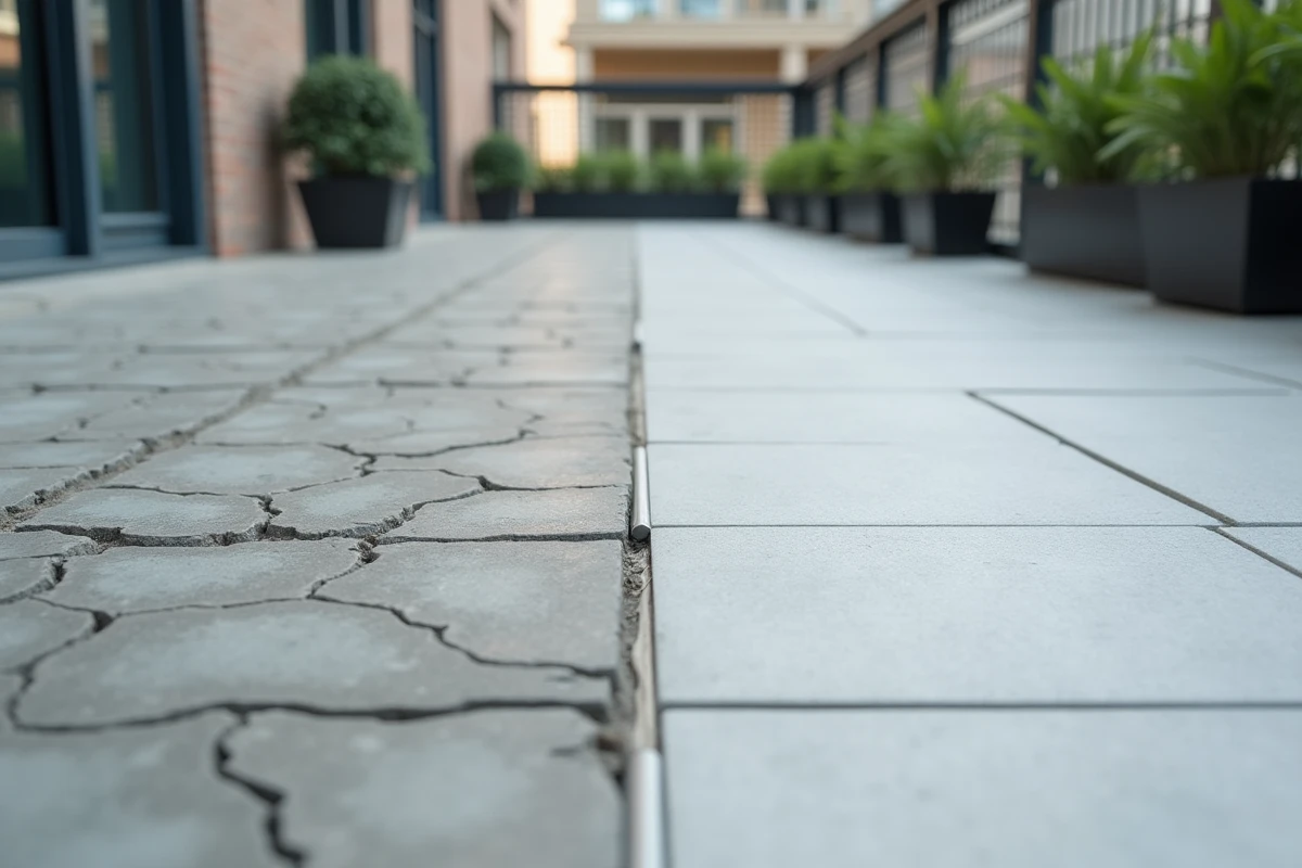 Comparaison avant après d'une terrasse rénovée avec cornière aluminium extérieur
