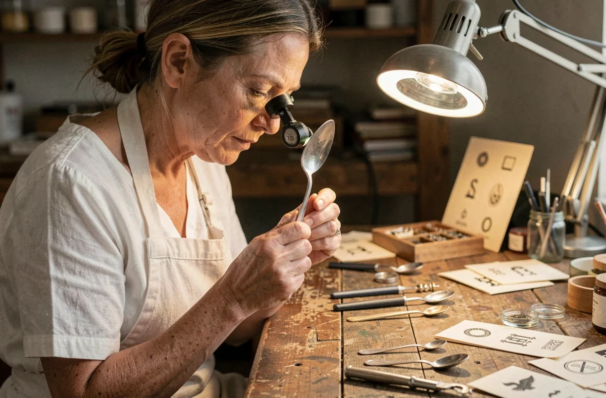 Une bijoutière expérimentée examine le poinçon d'une cuillère en argent antique à l'aide d'une loupe professionnelle dans son atelier