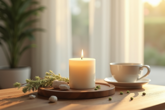 Bougie parfumée allumée sur une table en bois avec sauge et thé