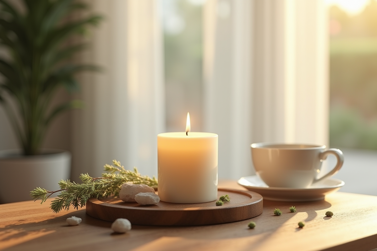 Bougie parfumée allumée sur une table en bois avec sauge et thé