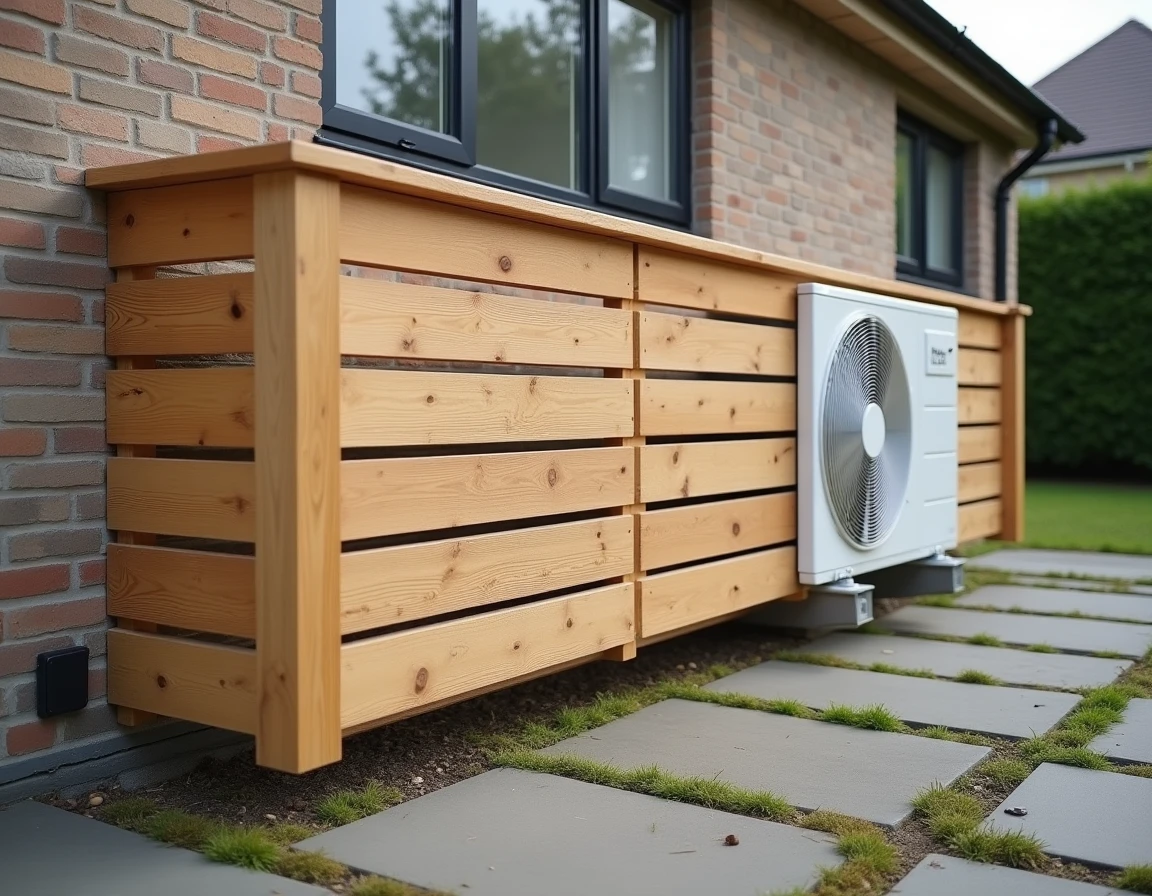 Cache pompe à chaleur en bois à lattes fixé contre un mur de brique de maison individuelle