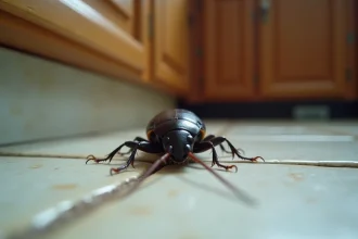 Gros plan d'un cafard noir sur un carrelage de cuisine fissuré, antennes visibles et exosquelette brillant