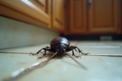Gros plan d'un cafard noir sur un carrelage de cuisine fissuré, antennes visibles et exosquelette brillant