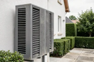 Caisson anti-bruit gris installé autour d'une pompe à chaleur extérieure contre un mur de maison résidentielle