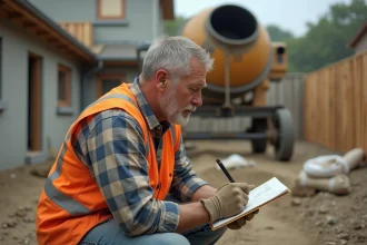 Ouvrier en chantier calculant le volume de béton en m3 sur un bloc-notes à côté d'une bétonnière