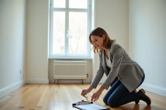 Femme mesurant la surface d'un appartement vide avec un mètre ruban pour un calcul de superficie en m2 lors d'un achat immobilier