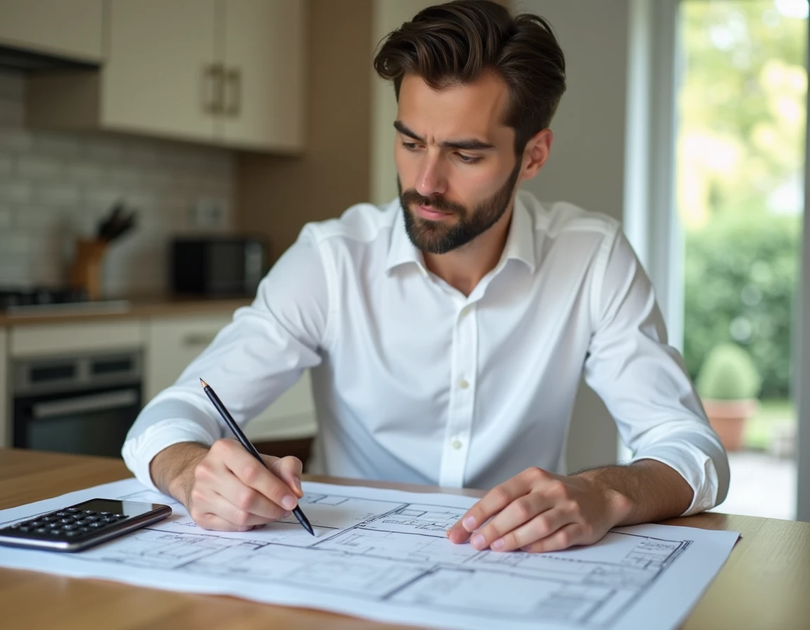 Homme analysant des plans de surface et des documents immobiliers pour calculer les mètres carrés d'un bien à acheter