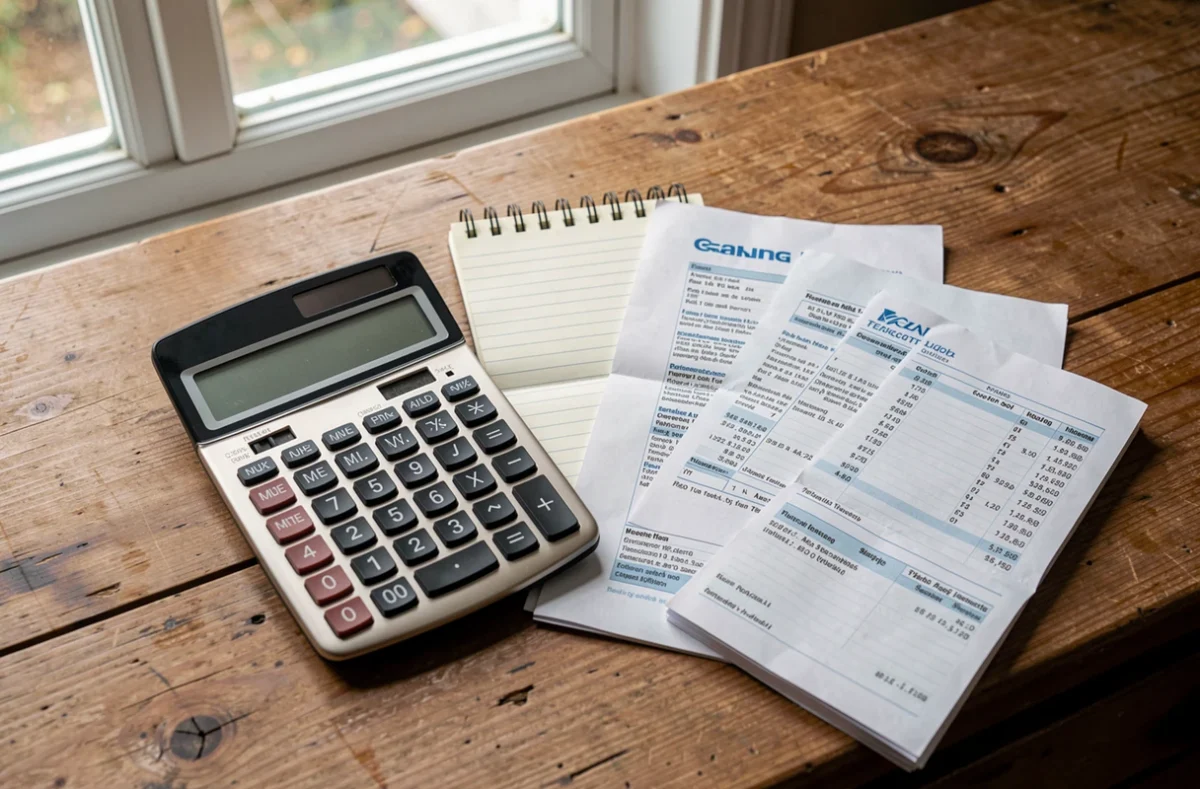 Calculatrice et factures de chauffage posées sur une table