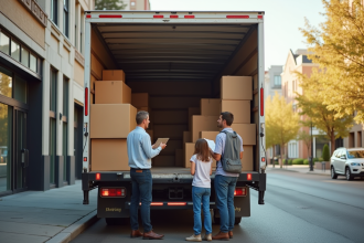 Camion de déménagement urbain avec famille et déménageur