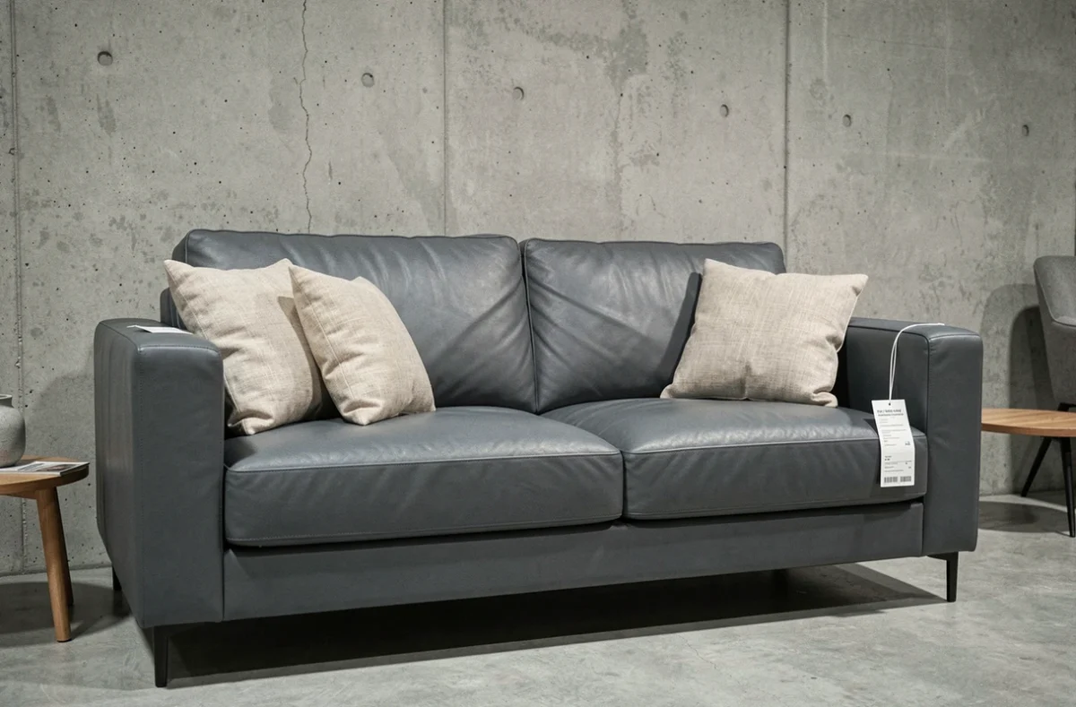 Canapé en cuir semi-aniline gris ardoise dans un showroom design contemporain au style scandinave, mettant en valeur le grain naturel et le lustre caractéristique de ce type de cuir