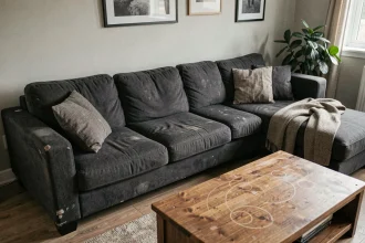 Canapé d'angle Poltronesofa en tissu anthracite après deux ans d'utilisation intensive, avec usure visible sur les accoudoirs et coussins affaissés dans un salon moderne