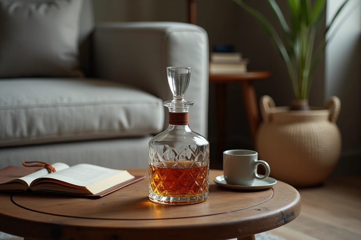 Carafe en verre contenant du whisky posée sur une table en bois avec un carnet ouvert, style vie quotidienne décontractée