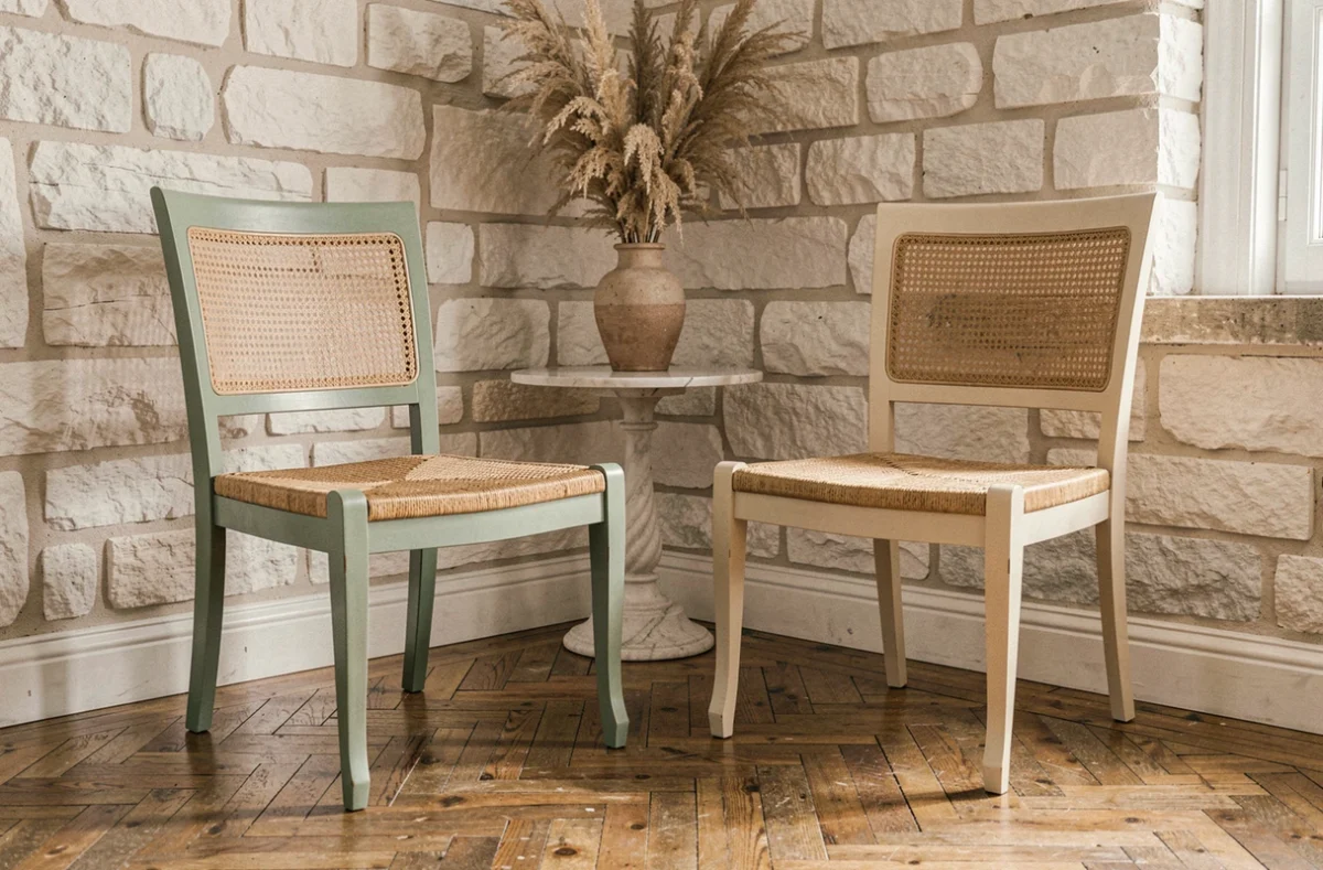 Deux chaises paillées relookées style brocante chic dans un salon vintage avec mur en pierre