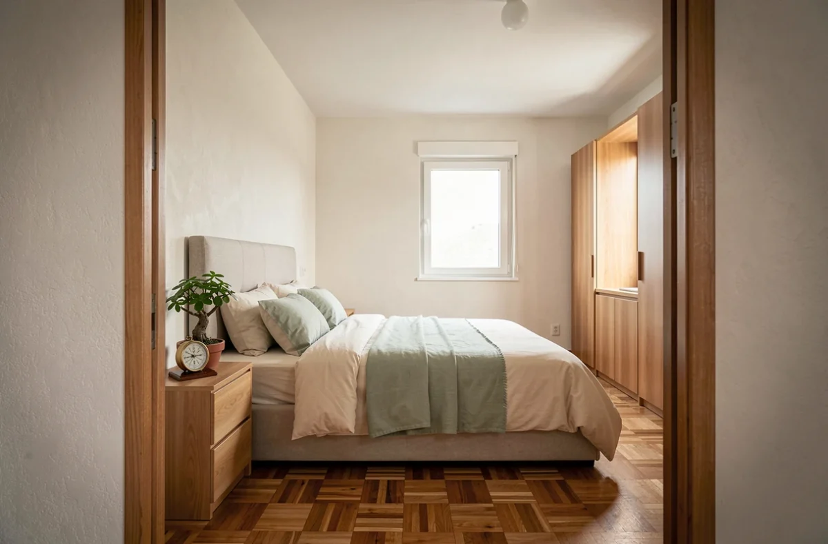 Chambre à coucher feng shui avec lit orienté plein nord, boussole décorative et plante jade sur la table de chevet dans un intérieur harmonieux
