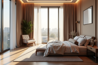 Chambre sophistiquée avec grandes fenêtres et draperies élégantes