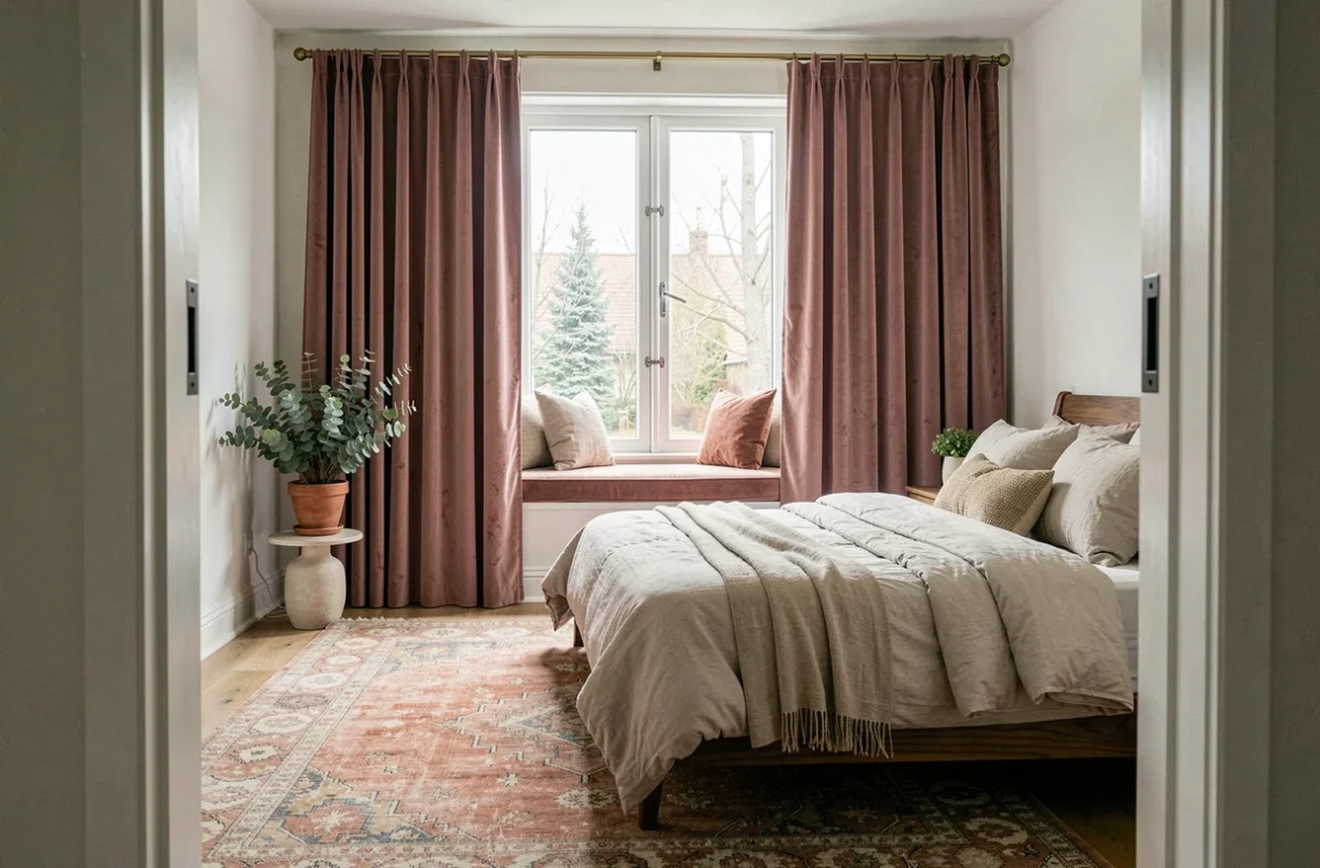 Chambre transformée avec des rideaux sur mesure en velours rose poussiéreux et décoration intérieure harmonieuse