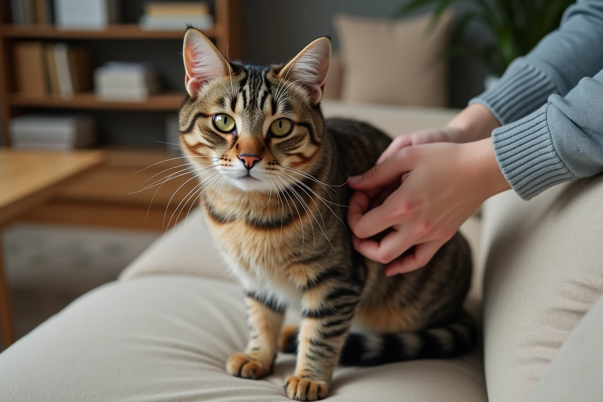Chat domestique inspecté pour détecter la présence de petits insectes rouges dans sa fourrure
