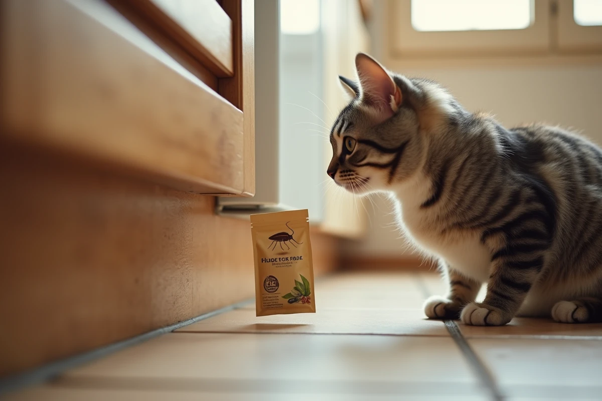 Chat domestique près d'un répulsif naturel anti-cafards sans danger pour les animaux de compagnie