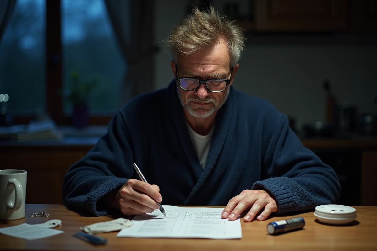 Homme en robe de chambre consultant une check-list de diagnostic pour alarme incendie avec détecteur et pile posés sur la table la nuit