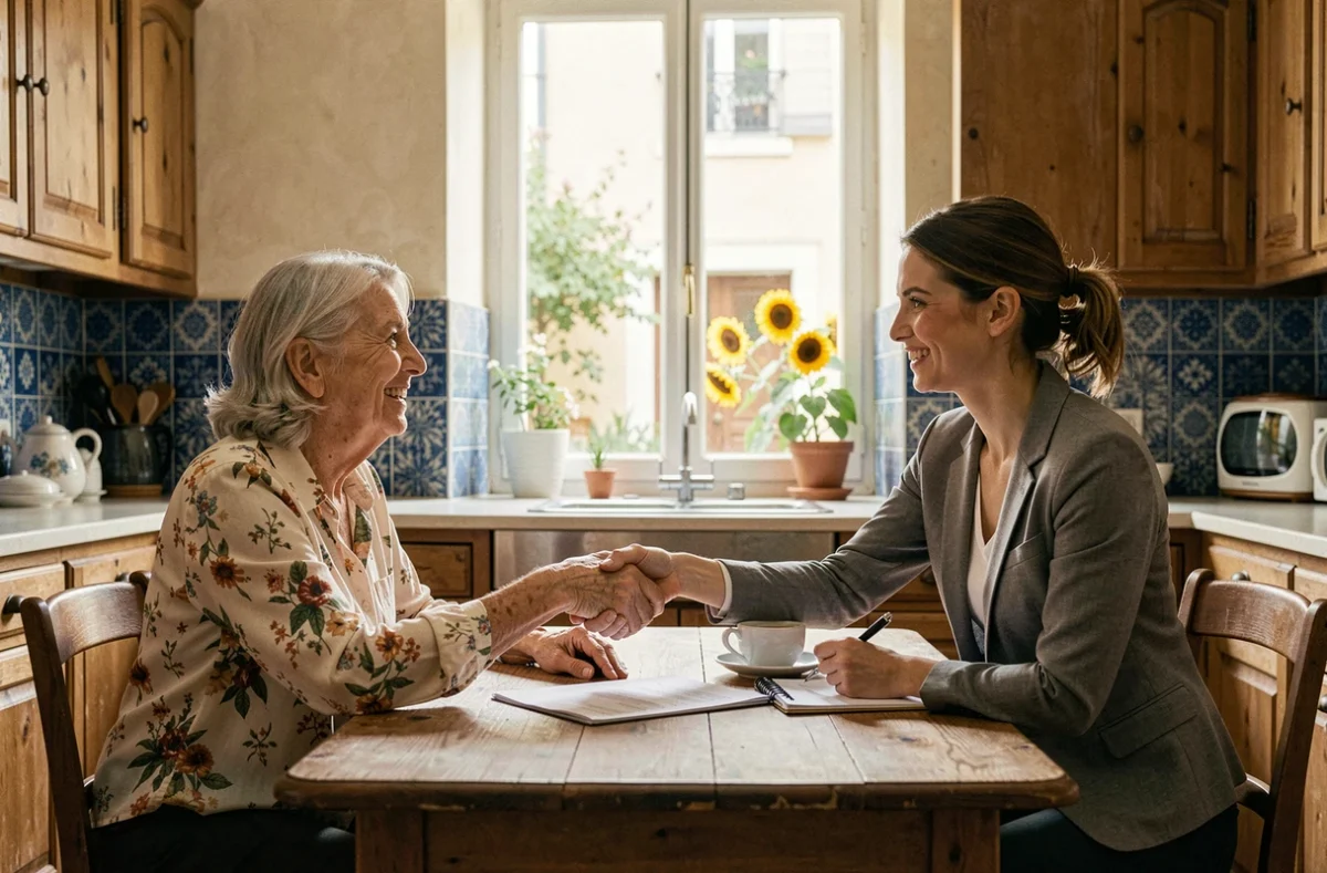 Une personne âgée et une conseillère en aide à domicile signant un contrat de services ménagers dans une cuisine traditionnelle française à Montauban