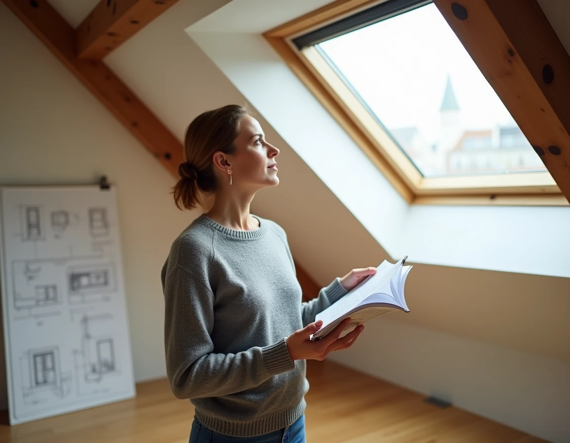 Femme consultant un catalogue VELUX pour choisir la taille adaptée à son aménagement de combles