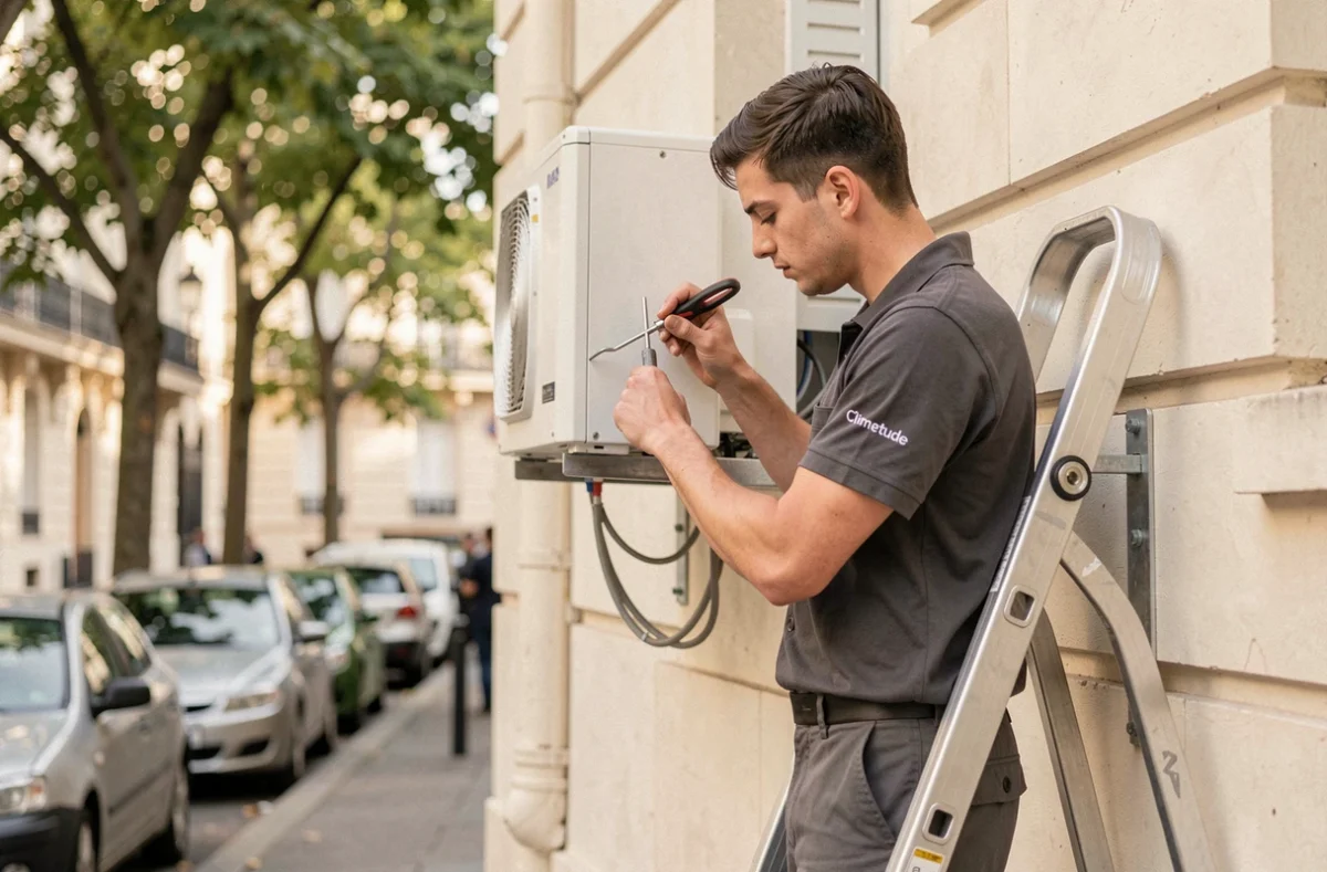 Spécialiste Climetude en train de poser une pompe à chaleur aérothermique sur la façade d'un immeuble parisien