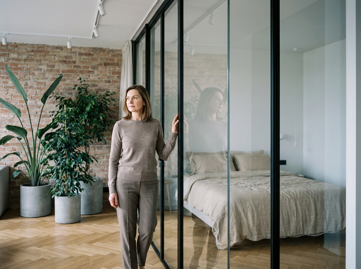 Cloison vitrée délimitant une chambre dans un loft industriel avec parquet en chevrons, briques apparentes et plantes d'intérieur