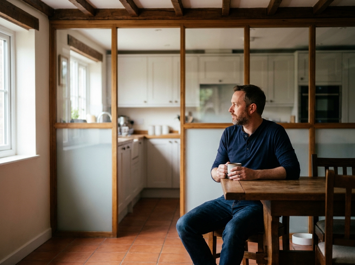 Cloison mi-vitrée mi-bois entre cuisine et salle à manger dans une maison aux poutres apparentes et carrelage terre cuite