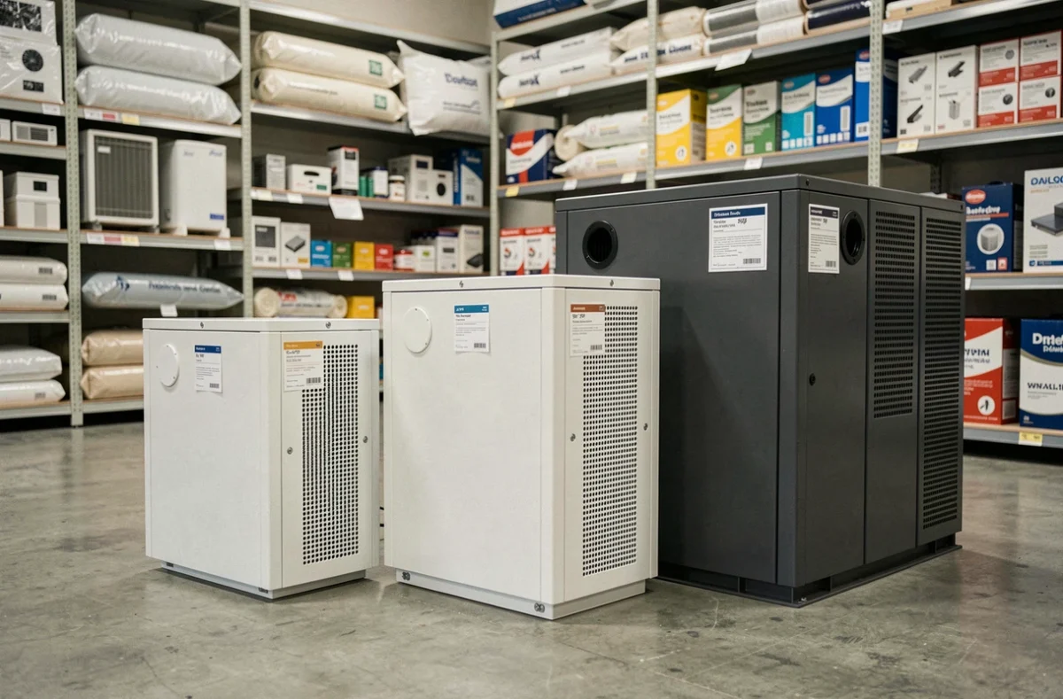 Comparaison de trois caissons anti-bruit pour pompe à chaleur de différentes tailles avec étiquettes de prix dans un magasin spécialisé