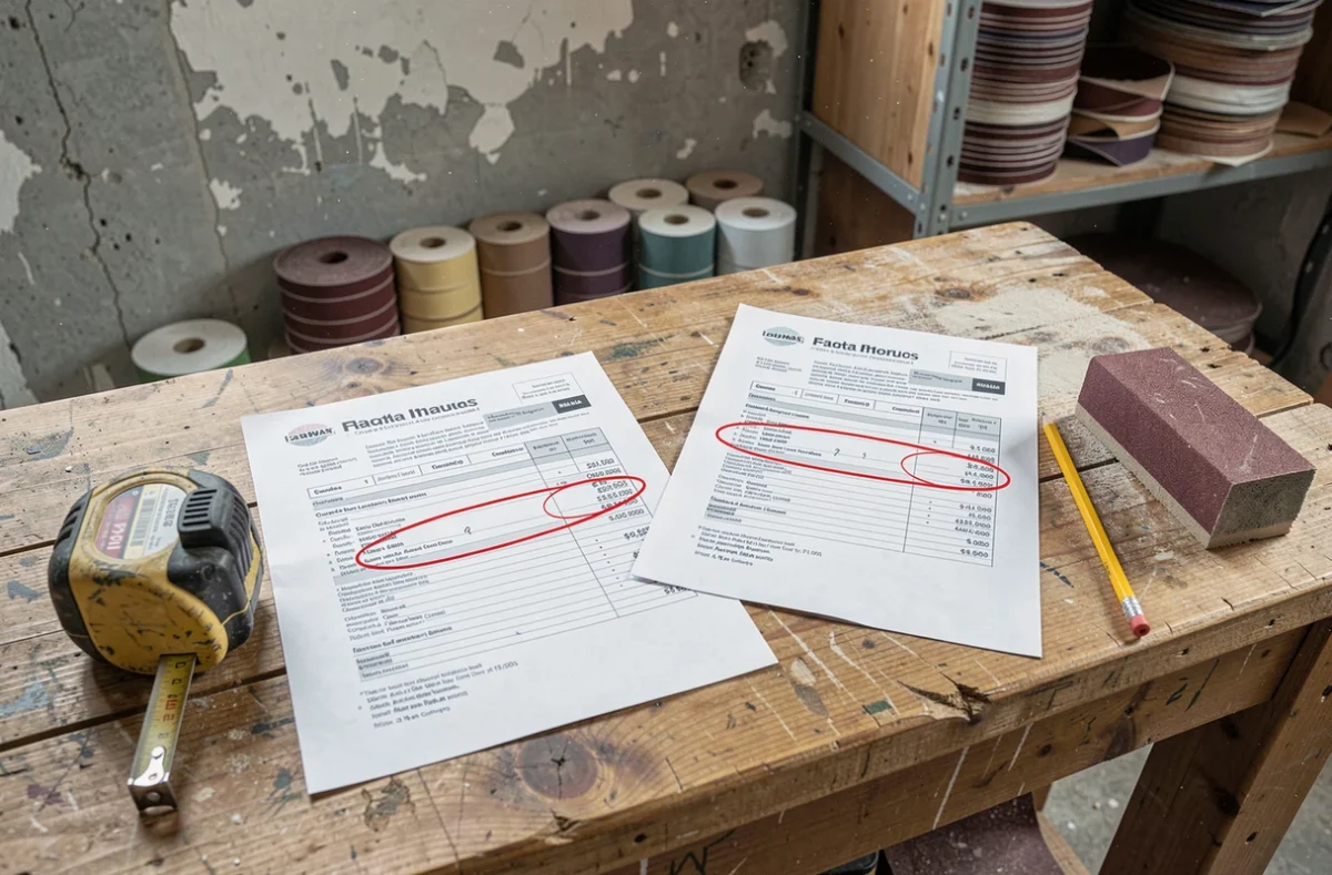 Comparaison de deux devis de sablage au m2 avec erreurs cerclées en rouge sur table d'atelier
