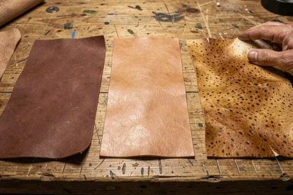 Trois échantillons de cuir pigmenté, semi-aniline et aniline côte à côte sur une table d'atelier en chêne, montrant leurs différentes textures et finitions de surface