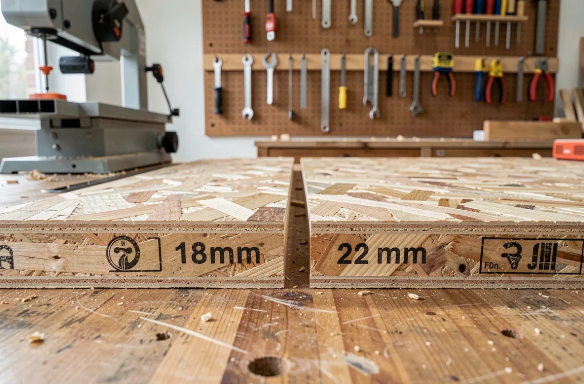 Comparaison côte à côte des épaisseurs de plaques OSB 18 mm et 22 mm sur un établi de menuisier