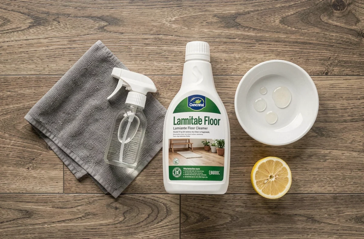 Vue de dessus des produits naturels et commerciaux pour nettoyer un parquet stratifié, disposés sur le sol