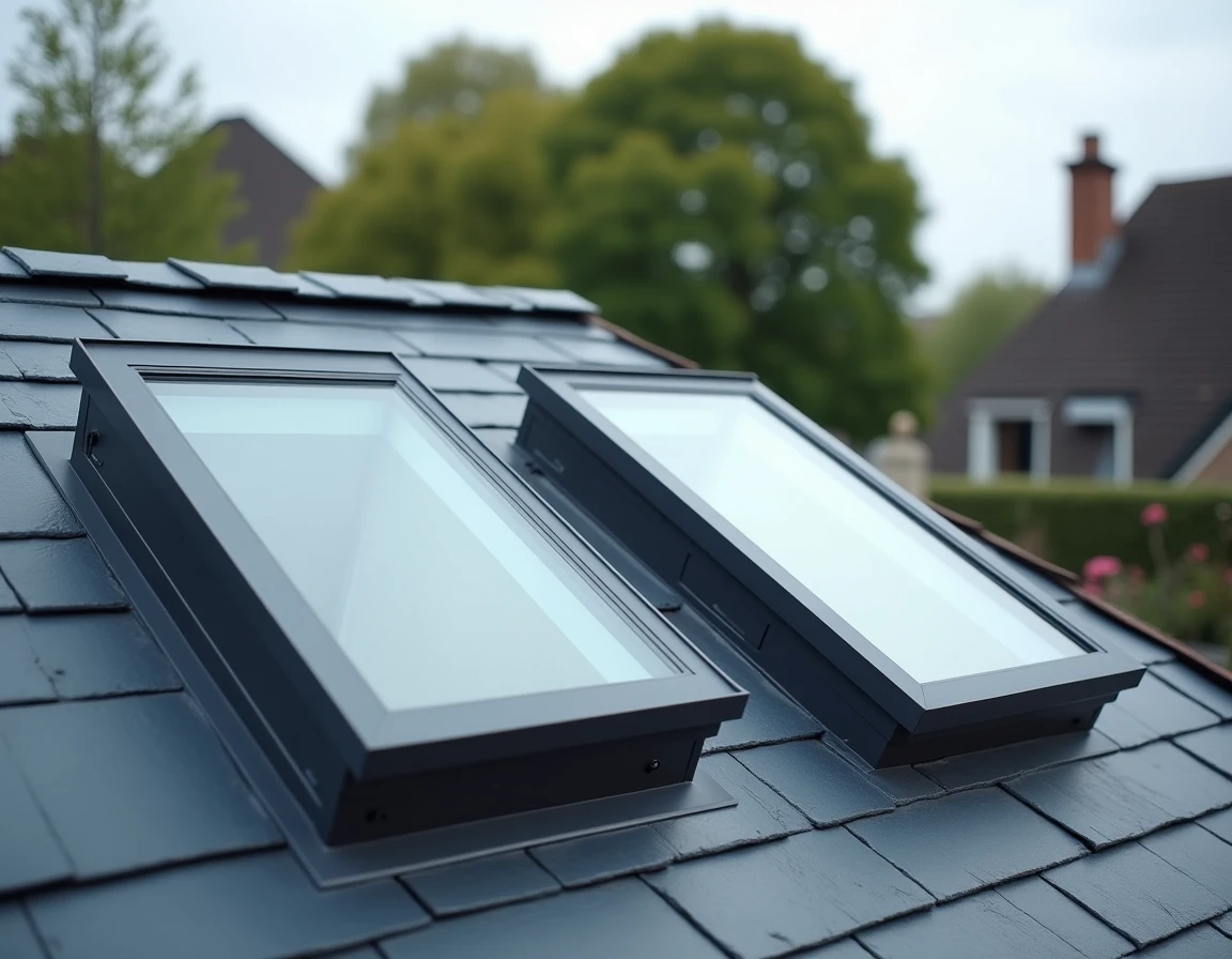 Comparaison de deux fenêtres de toit VELUX de tailles différentes installées sur une toiture en ardoise