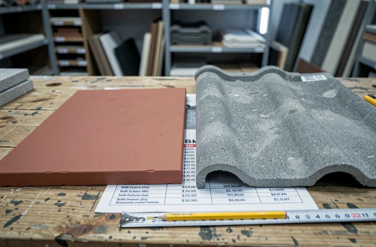 Comparaison côte à côte d'une tuile plate en terre cuite et d'une tuile mécanique en béton posées sur un établi, illustration du choix de matériaux pour devis de toiture