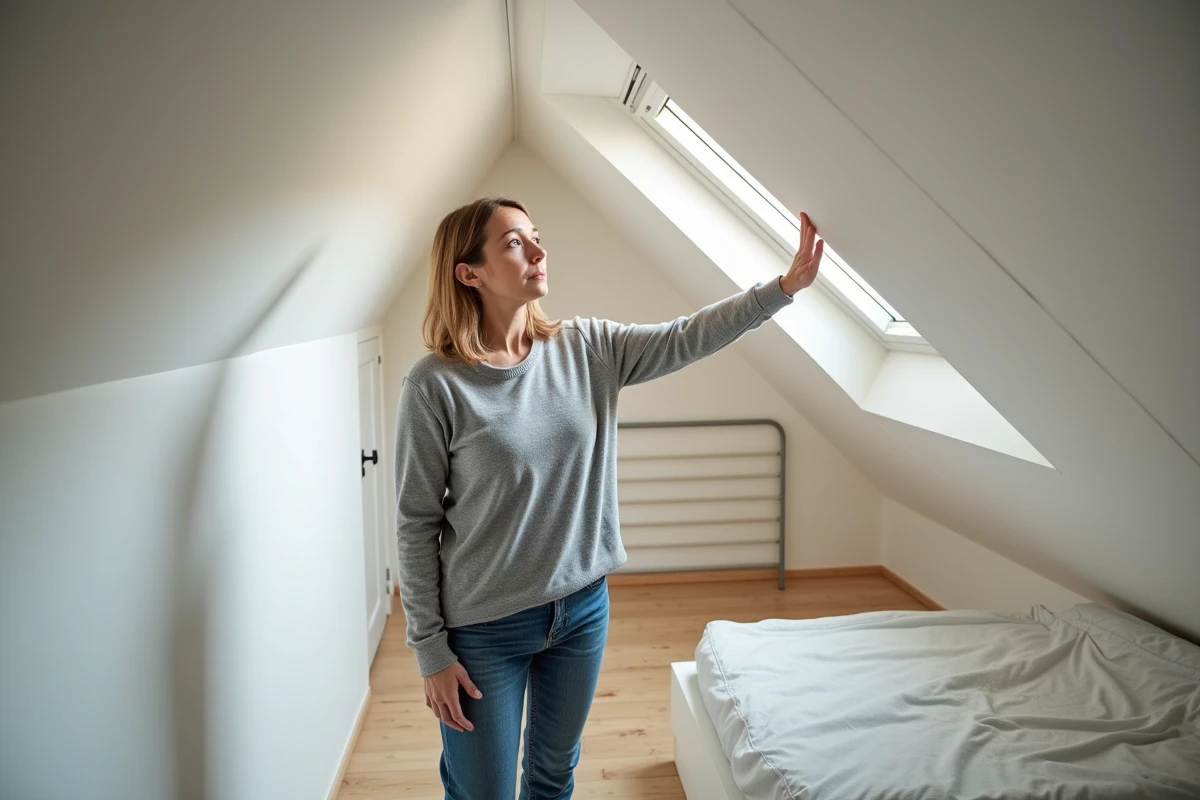 Femme testant le confort thermique d'un rampant isolé dans une chambre sous les toits rénovée