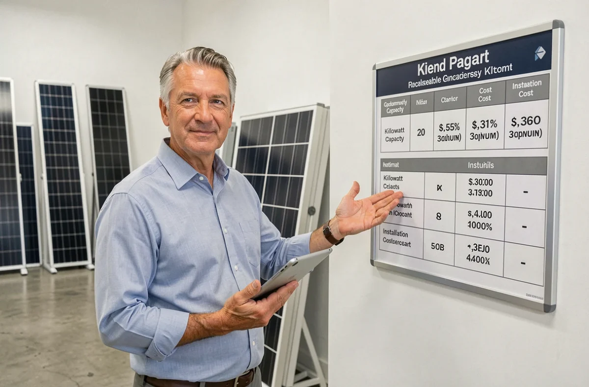 Conseiller en énergie solaire présentant les prix d'un kit photovoltaïque 9 kW dans un showroom spécialisé